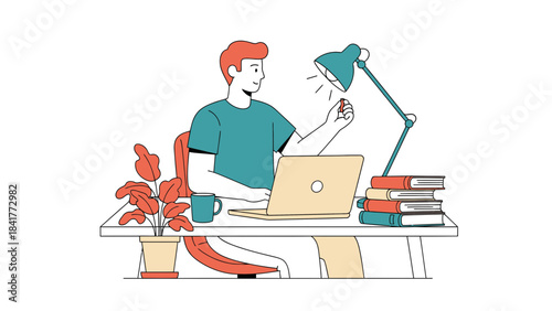 Illustration of a man working on a laptop at a desk with lamp and books