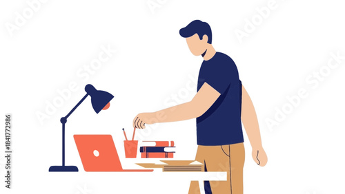 Illustration depicting a person working at a desk with a laptop and books