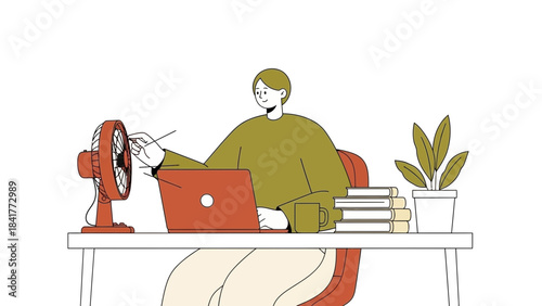 Illustration depicting a person working on a laptop at a desk with desk fan, books and plant