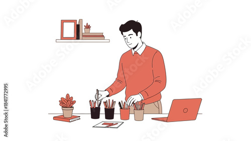 Illustration of a man working on a project with a laptop and pens in a home office