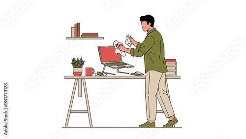Illustration of a man cleaning a laptop on a desk in a home office setting