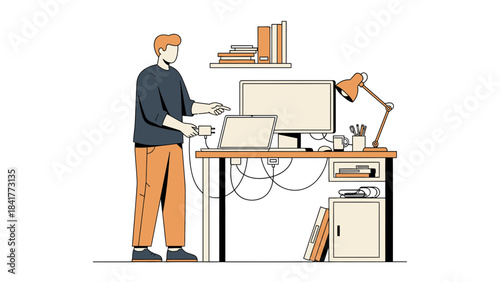 Illustration of a Man Connecting Laptop to the Power Supply at His Work Desk with Monitor