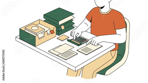 Illustration of a person working at a desk calculating and working with paperwork