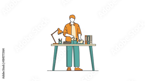 Illustration of a person working at a desk surrounded by office supplies and documents