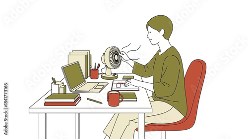 Illustration of a person working at a desk with a fan for cooling and comfort