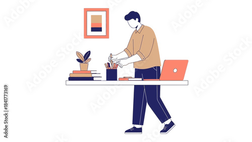 Illustration of a person working at a desk with a laptop and stationary supplies