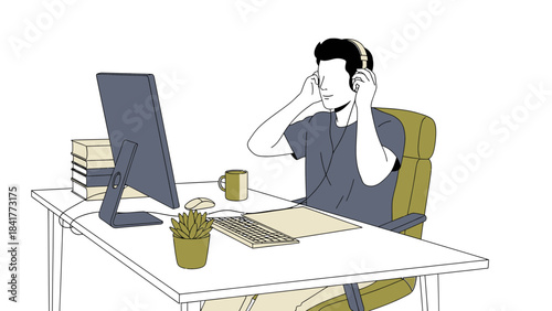 Illustration of a person working at a desk with headphones on, listening to music
