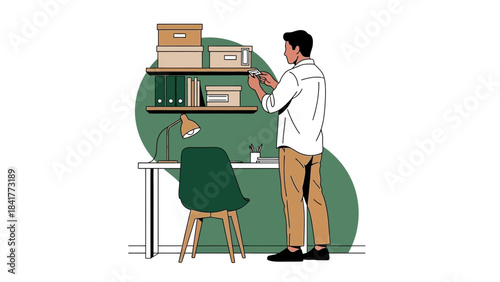 Illustration of a man in an office environment with desk shelves and documents