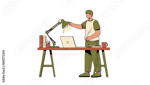 Illustration of a person working remotely at a desk with a laptop and a lamp