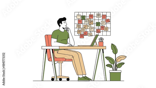 Illustration of a man pondering at work with sticky notes and a laptop at his desk