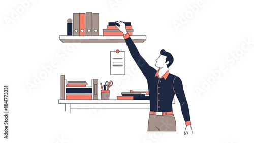 Illustration of a man reaching for a book on a shelf in a modern office environment