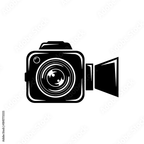 Digital black camera with zoom lens isolated on white background for classic photography