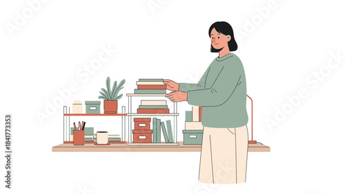 Illustration of a woman arranging books and items on a shelf in her home office space