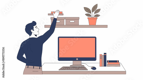 Illustration of a man reaching for a box on a shelf in a modern office setup visualization