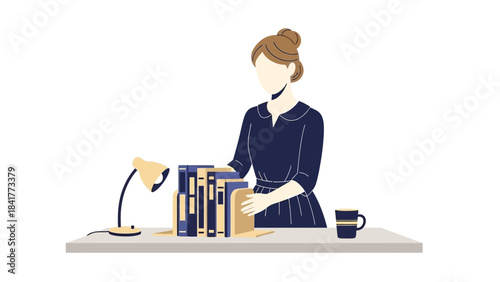 Illustration of a woman arranging books on a desk next to a lamp and a mug
