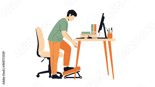 Illustration of a Man Using a Footrest at his Desk to Improve Posture and Work Comfort