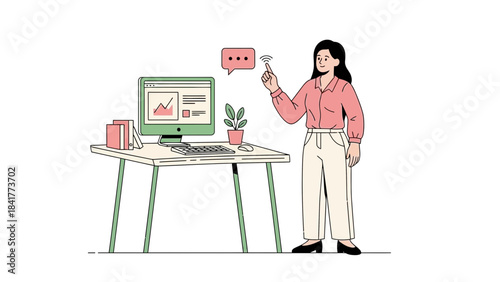 Illustration of a woman interacting with a computer representing technology and business