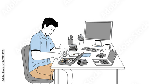 Illustration of a man working at his desk with a computer and various office supplies