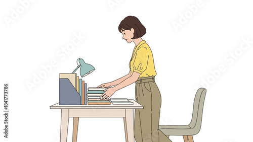 Illustration of a woman organizing books on a desk lamp a work at home concept