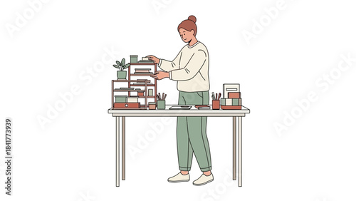 Illustration of a woman organizing her desk with office supplies in a minimalist design