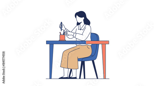 Illustration of a woman sitting at a desk and picking up a pen ready to write