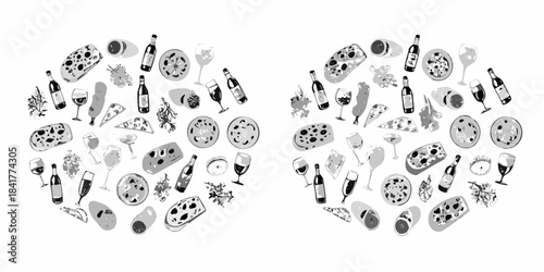 A circular arrangement of various food and drink items in black and white