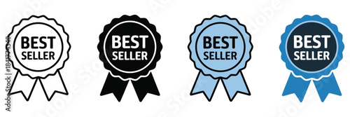 Best seller badges set featuring outline, solid black, blue, and dark blue variations, professional award icons isolated on white background, perfect for branding, product marketing materials, digital