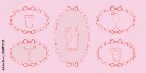 Pink sketches of various drinkware adorned with decorative bow and lace frames