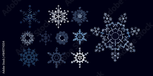 An assortment of detailed blue pixelated snowflake designs on a dark background