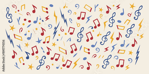 Colorful musical notes and symbols scattered across a light beige background