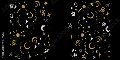 A whimsical pattern of stars moons and suns on a black background