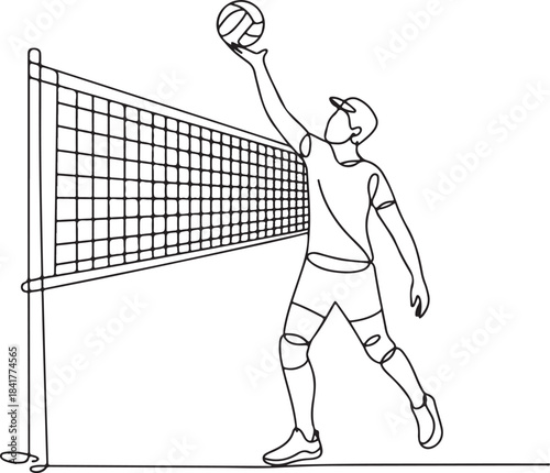 Continuous line illustration of a volleyball player tapping the ball softly over the net with elegant minimal artistic outline drawing