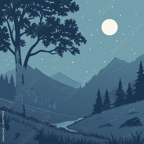 A serene nighttime landscape with a tree and mountains under a full moon with stars in the sky and a winding river
