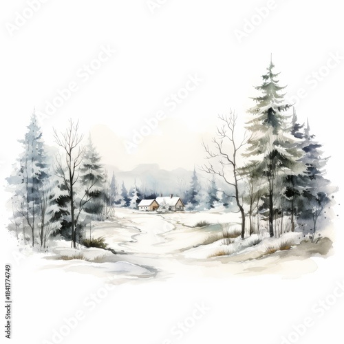 Winter Forest Realistic Watercolor Illustration. Snowy Trees Art Background. card or Invitation Page Print  Design. 