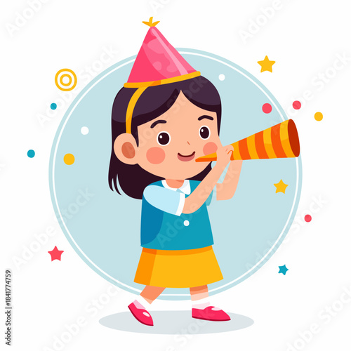 Happy little girl with party hat joyfully blowing horn in bright studio, birthday celebration.