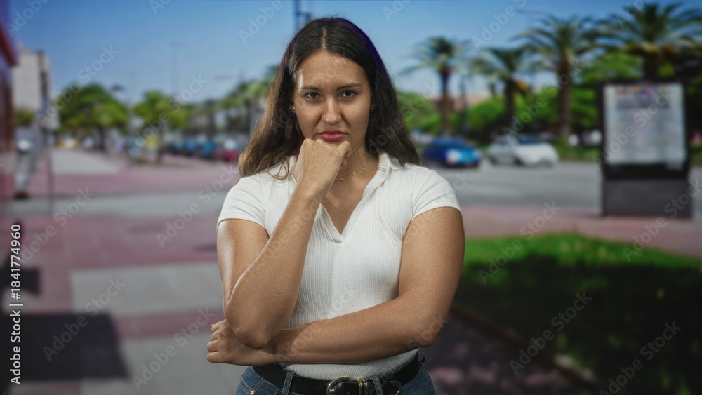 Fototapeta premium Woman with hand on chin on street beside palm trees and sidewalk in daytime urban scene; thoughtful contemplation pondering.