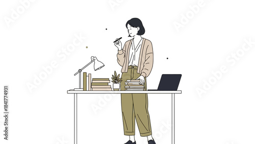 Illustration of a woman with books, laptop, lamp, and plant standing at a desk