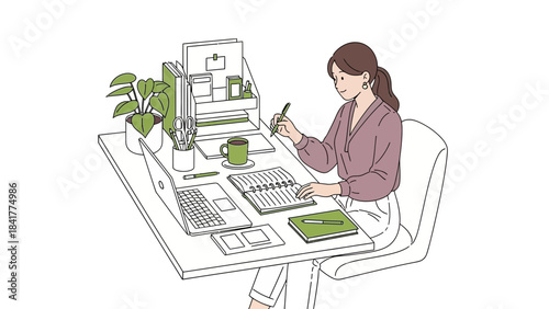 Illustration of a woman working at a desk with a laptop, notebook, and plant