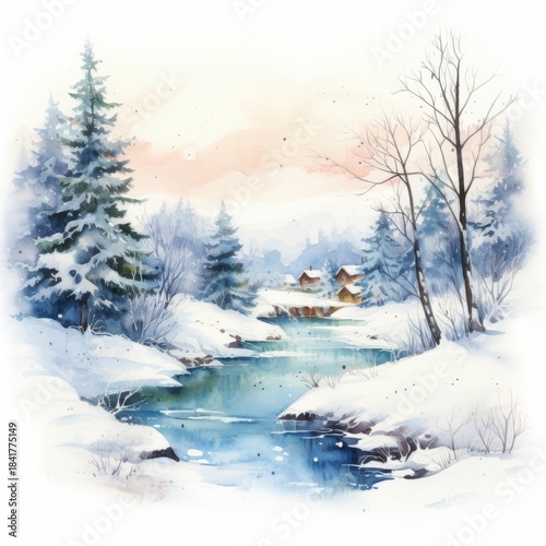 Winter Forest Realistic Watercolor Illustration. Snowy Trees Art Background. card or Invitation Page Print  Design. 