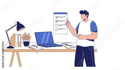 Illustration showing a man with the to-do list, laptop and work environment
