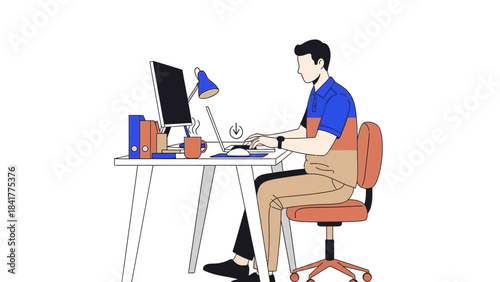 Illustration showing a man working at a desk on his laptop computer in minimalist style