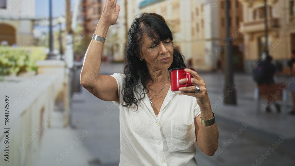 Obraz premium Senior woman holding red enamel mug at chest height on a sunlit pedestrian street, glancing to the side; quiet contemplation.