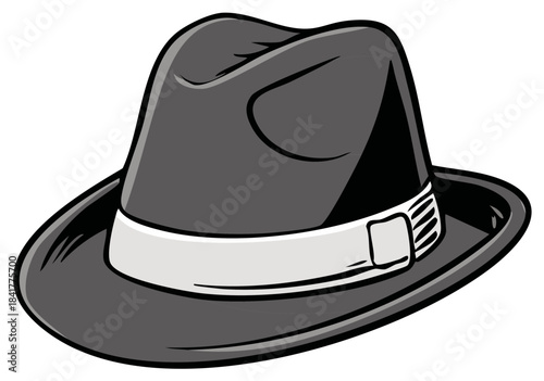 Classic gray fedora hat with white band and buckle illustration.
