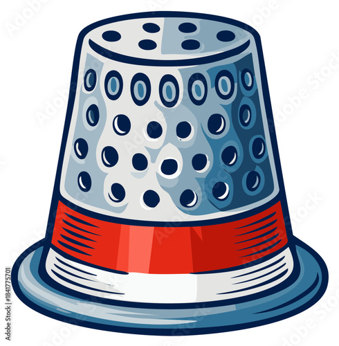 A vintage metal thimble with a red band and many small holes for sewing and craft