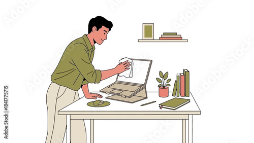 Man Cleaning Laptop on Desk with Accessories, Simple Workplace Illustration Design