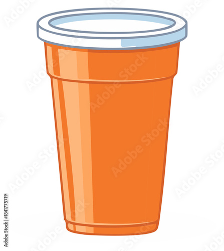 Vibrant Orange Plastic Drinking Cup with White Lid Isolated Cartoon Illustration