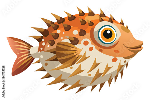 Cartoon puffer fish with a spotted orange back and sharp thorns is swimming
