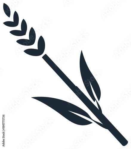 Stylized wheat stalk illustration depicting agriculture, harvest or growth with leaves in dark blue