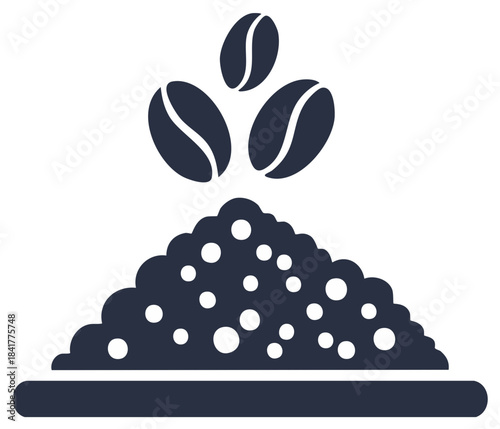 Simple monochrome icon with roasted coffee beans and a pile of ground powder