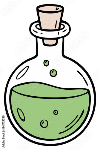 Vibrant green bubbling liquid in a whimsical round glass potion bottle with a cork stopper